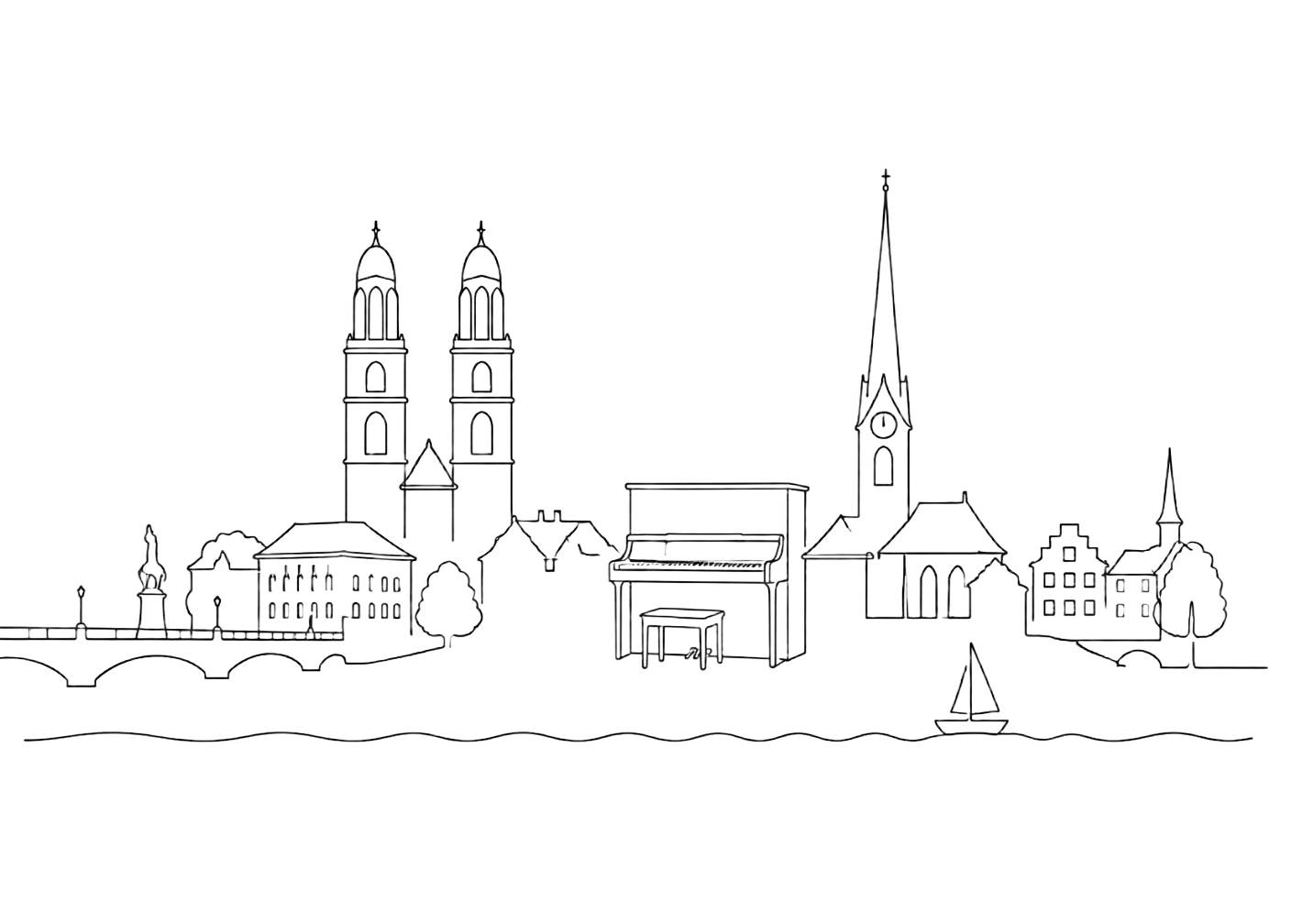 Minimal line illustration of the Zurich skyline with an upright piano integrated among its landmarks.